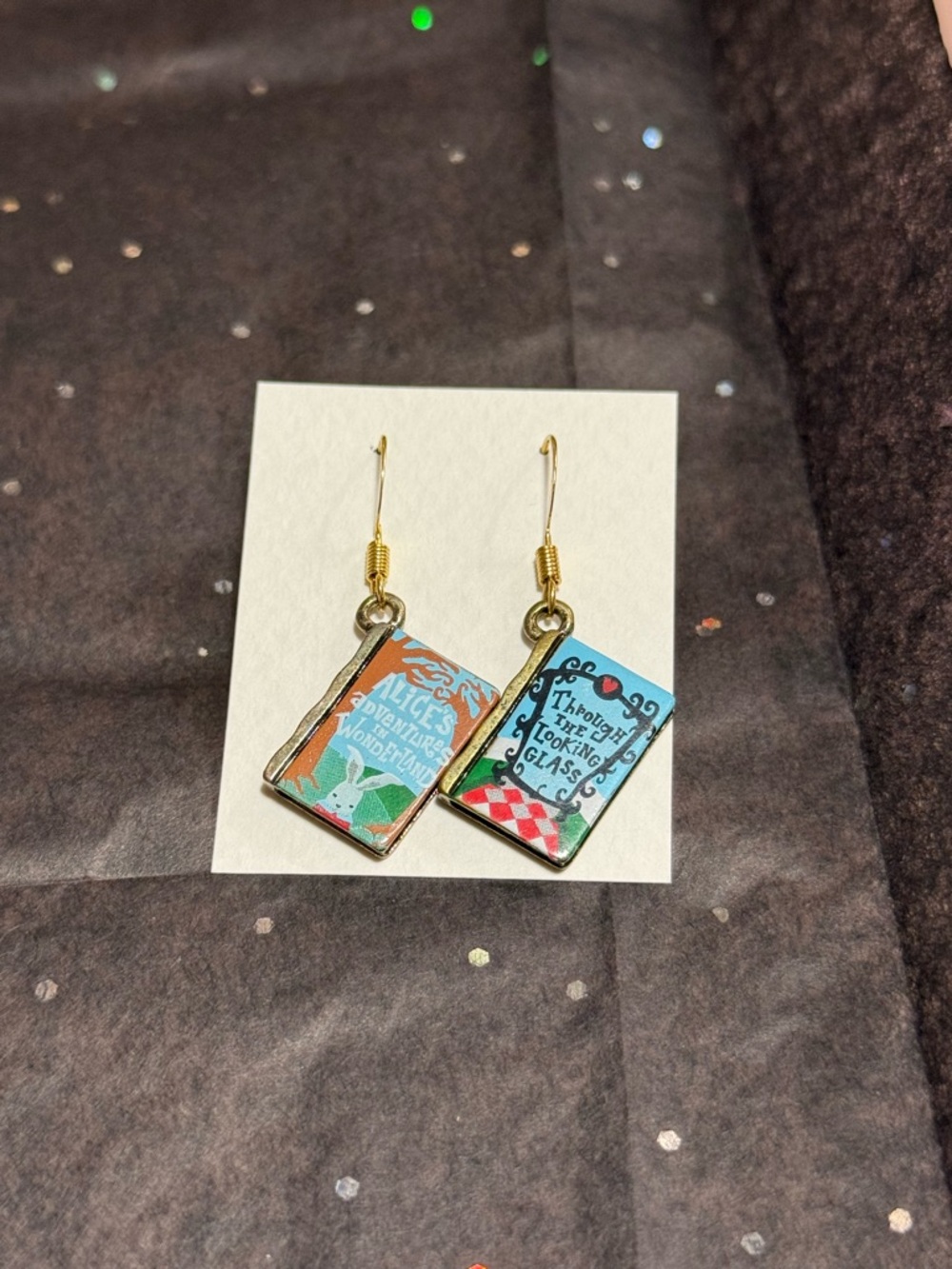 Handmade Alice in Wonderland Book Cover Dangle Earrings - Teal & Red